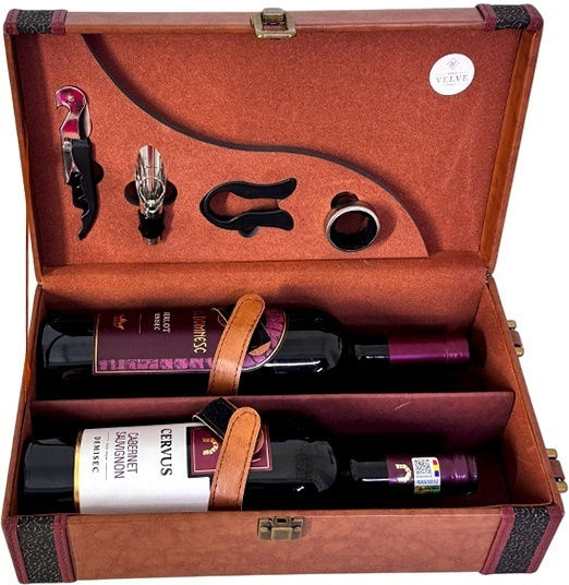 Elegant Fine Wine Case Set Two Bottles Handle Two 750 Ml Bottega Wine Bottles 4-piece Wine Accessory Set Brown