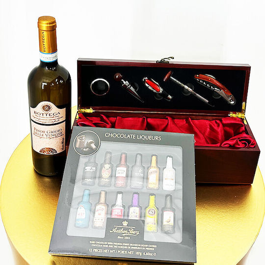 Set Cadou Highball Bottega Pinot Grigio Doc 0.75l Vin Ciocolată Praline Lichior Casetă Dreptunghiulară Accesorii Bar