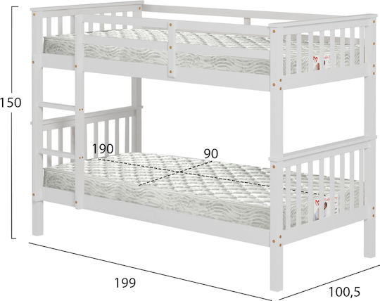 Lantai Pat pentru Copii Cușeta Single cu Saltea Alb 90x190cm