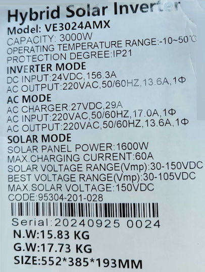 LC-Star Solar 338006 Pure Sine Wave Inverter Power 3000W with Nominal Input Voltage 24V 338006