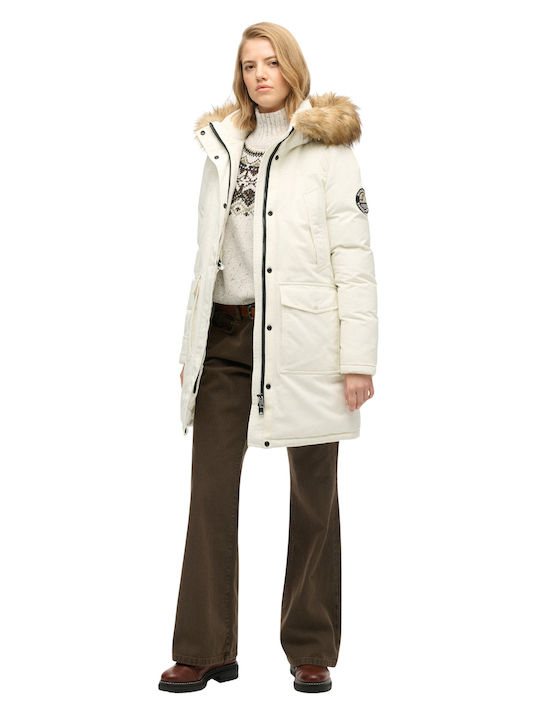 Everest Faux Μακρύ Γυναικείο Puffer Μπουφάν για Χειμώνα Off White