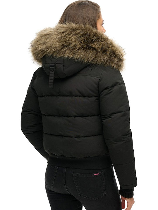D3 Ovin Everest Women's Short Puffer Jacket for Winter with Hood Black