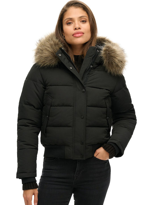 D3 Ovin Everest Women's Short Puffer Jacket for Winter with Hood Black