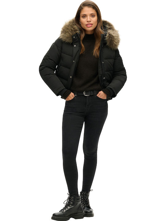 D3 Ovin Everest Women's Short Puffer Jacket for Winter with Hood Black