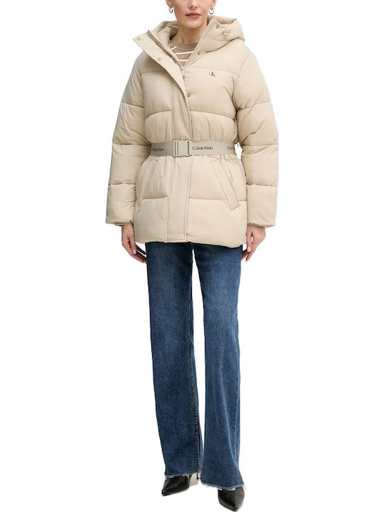 Women's Puffer Jacket Waterproof and Windproof for Winter with Hood Beige