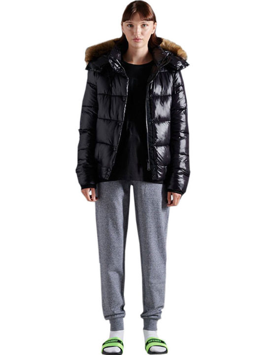 High Shine Toya Κοντό Γυναικείο Puffer Μπουφάν με Γούνινη Κουκούλα για Χειμώνα Μαύρο