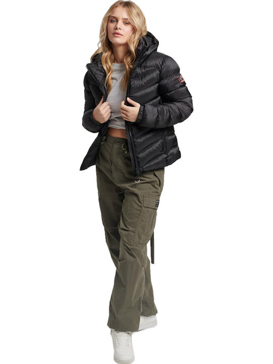 Women's Short Puffer Jacket for Winter with Hood Black