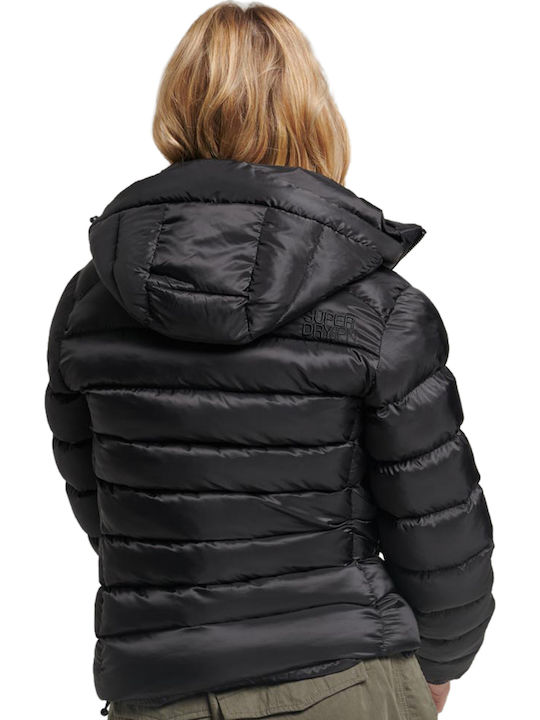 Women's Short Puffer Jacket for Winter with Hood Black