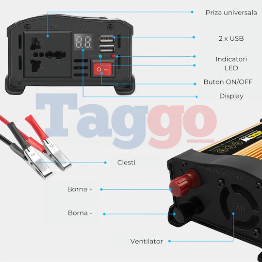 Taggo Invertor Auto 300W pentru Convertirea 12V DC în 220V AC