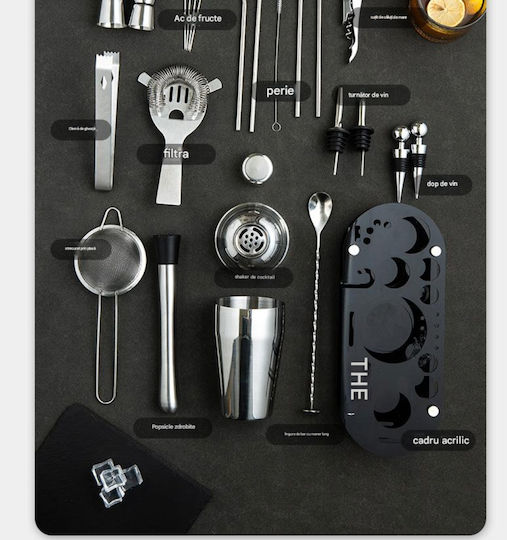 Arvada Shakerpro Mc-ykl23 Kit Complet Pentru Barmani Suport Acrilic 23 Bucăți 700/600 Ml Dimensiuni 19x12x30.5 Cm Set Pentru Barmani Preparare Băuturi Oțel Inoxidabil