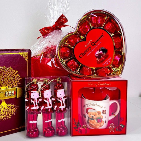Pachet Deliciu De Crăciun Praline Cherry Queen Set Ornament Brad De Crăciun Set Spargător Nuci Jurnal Cu Lacăt Set Cană Ceramică În Tavă Cadou