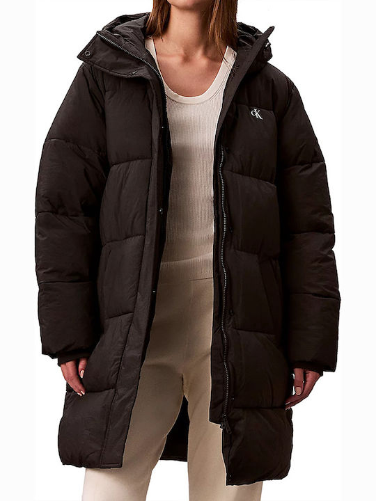 Women's Long Puffer Jacket Waterproof and Windproof for Winter with Hood Black