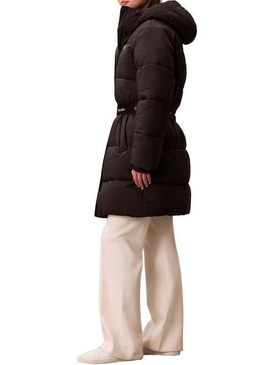 Women's Long Puffer Jacket Waterproof and Windproof for Winter with Hood Black