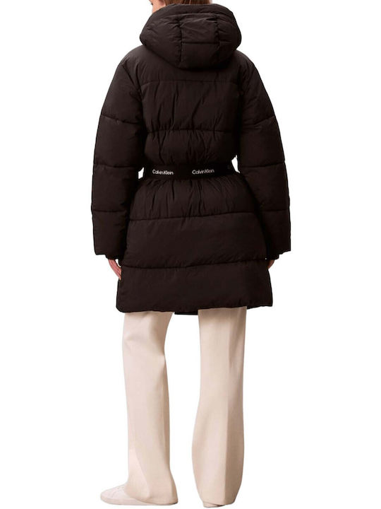 Women's Long Puffer Jacket Waterproof and Windproof for Winter with Hood Black