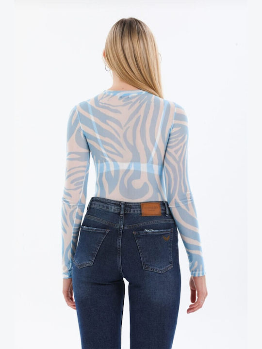 Bluza Damă De Vară Crop Top Mânecă Lungă Animal Print Albastru