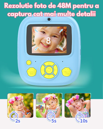 Smartic Cameră Pentru Copii HD 1080p Rezoluție Baterie 800mAh Ecran 2.4 Inch Card Memorie 32 Gb Funcție Imprimare Instantanee 5 Jocuri Incorporate 3 Role de Imprimare Mp3 Mod Selfie 28 D