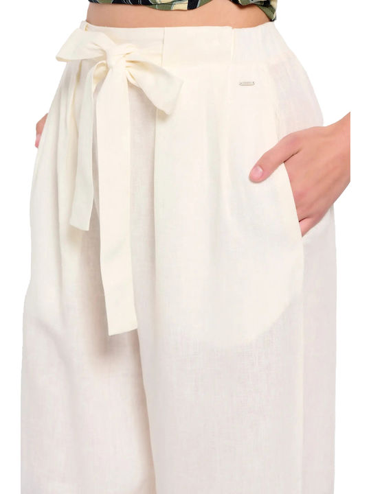 FBL007-11402 Femei Talie înaltă Din material textil Pantaloni cu elastic cu Croială Largă Off White