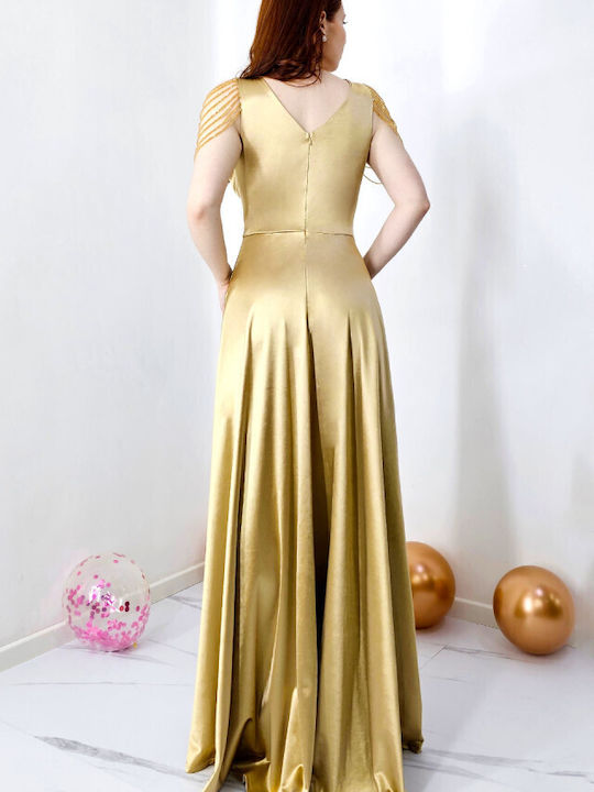 Sommer Maxi Abendkleid Satin mit Tüll Gold