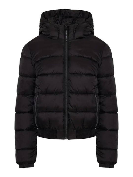 Women's Short Puffer Jacket for Winter with Hood Black
