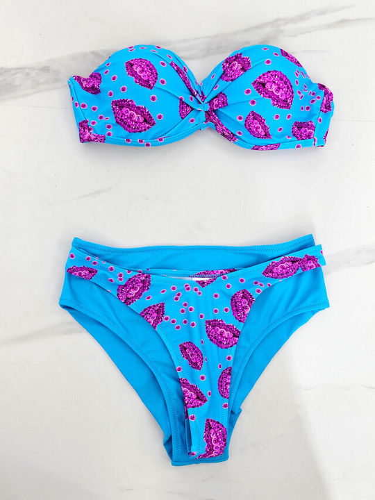 Set Bikini 3 Τεμαχίων Push Up Ψηλόμεσο Μπλε