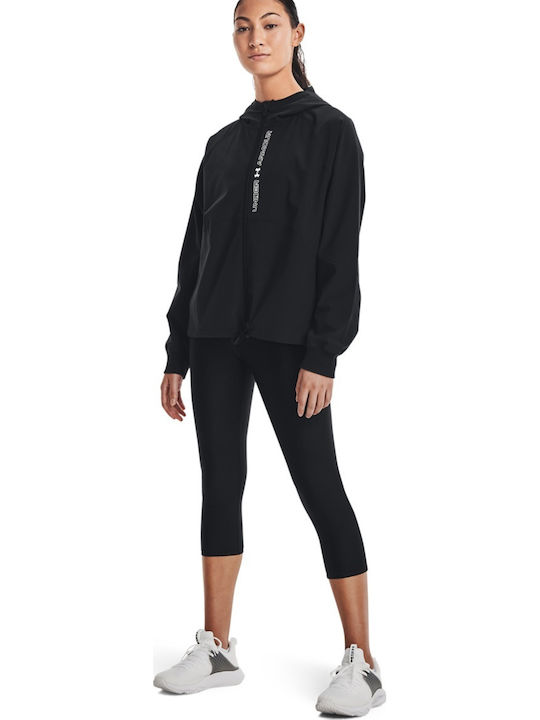 Women's Short Sports Jacket Waterproof and Windproof for Spring or Autumn with Hood Black