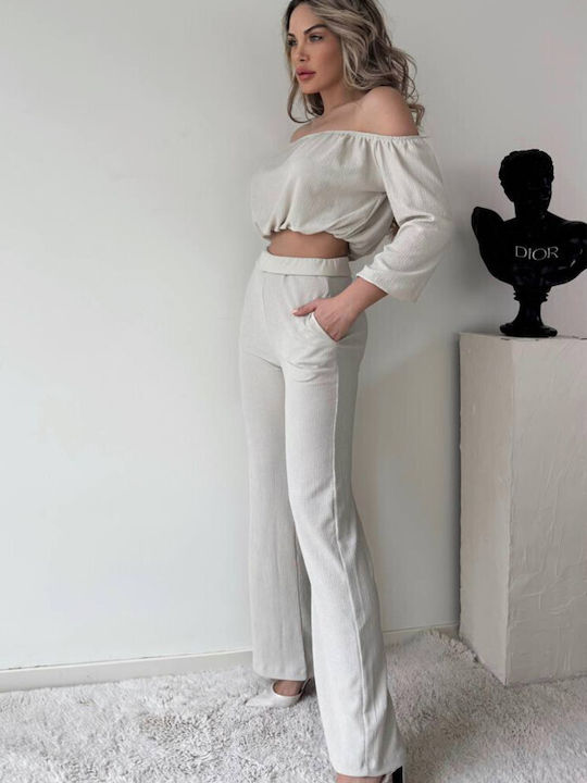 Women's Cream Set with Pants in Loose Fit Striped