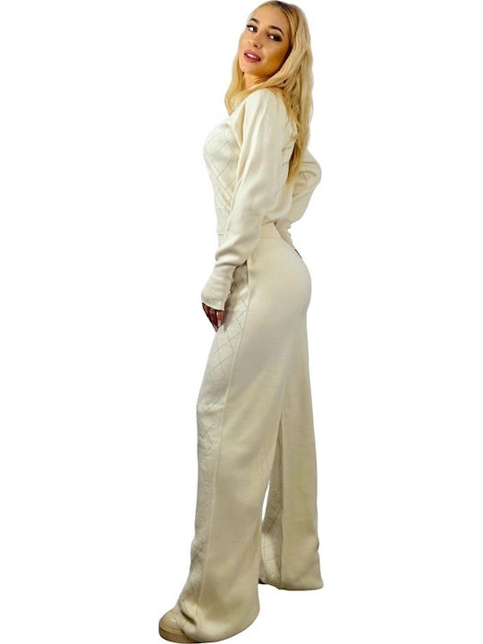 Women's Cream Set with Pants in Relaxed Fit Leopard with Sequins