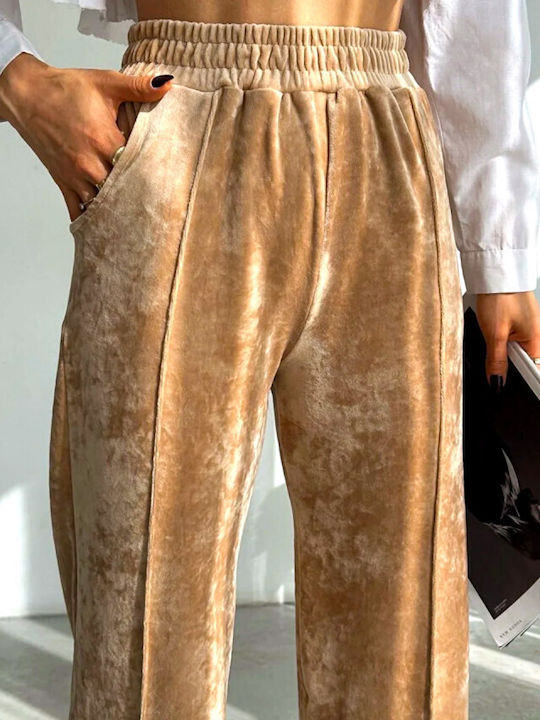 Γυναικείο Ψηλόμεσο Υφασμάτινο Παντελόνι Relaxed Fit Ριγέ Cream