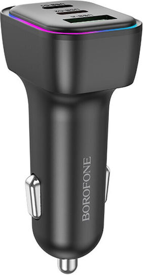 Borofone Auto-Ladegerät 60W 3A Schnellladung mit Anschlüssen: 1xUSB 2xType-C Schwarz Farbe