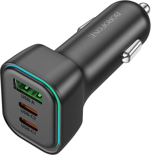 Borofone Auto-Ladegerät 60W 3A Schnellladung mit Anschlüssen: 1xUSB 2xType-C Schwarz Farbe