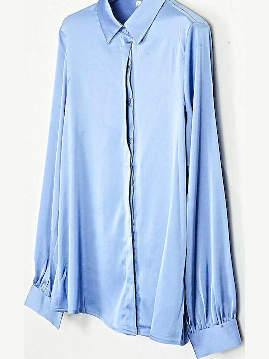 Women's Satin Long Sleeve Shirt Sky Blue