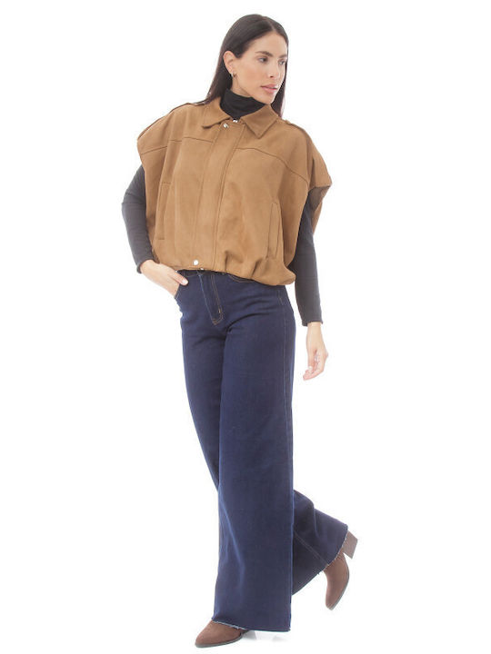 Suede Γυναικείο Αμάνικο Μπουφάν για Χειμώνα Camel