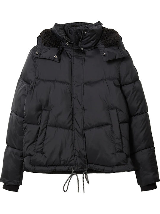 Arctic Women's Short Puffer Jacket for Winter with Detachable Hood Black