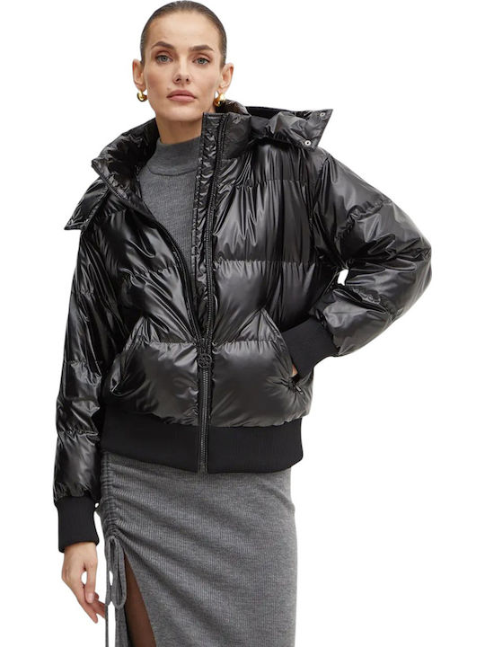 Women's Short Puffer Jacket for Winter with Hood Metallic