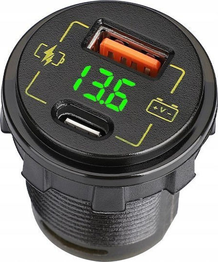 Blow Auto-Ladegerät 4A mit Anschlüssen: 1xUSB 1xType-C und Voltmeter Schwarz Farbe