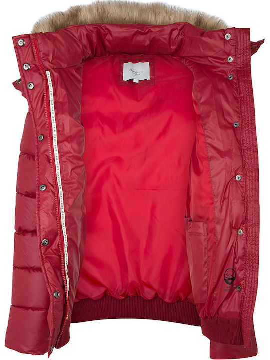 June Women's Short Puffer Jacket for Winter with Hood Red