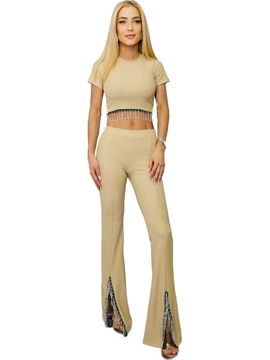Women's Cream Set with Trousers Regular Fit Striped