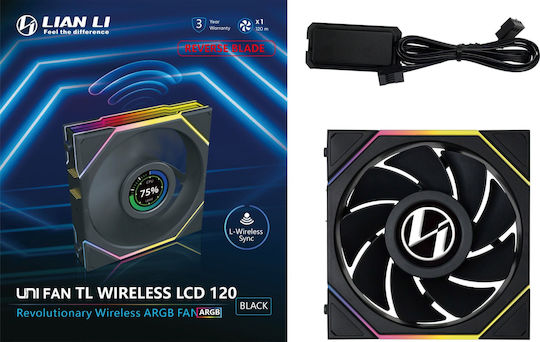 Lian Li UNI FAN TL Wireless LCD Reverse Blade Gehäuselüfter 120mm (1900rpm / 54.3cfm) mit ARGB Beleuchtung und Verbindung 4-Pin PWM / 9-polig