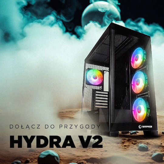 Rampage Hydra V2 Gaming Midi Tower Computer Case with Side Window Black