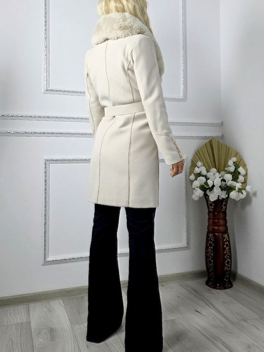 Wolle Damen Cream Mantel mit Fellbesatz
