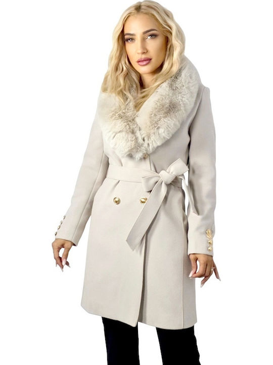 Wolle Damen Cream Mantel mit Fellbesatz