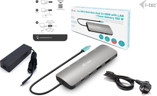 i-tec Metal Nano USB-C Docking Station με HDMI 4K PD Ethernet και σύνδεση 2 Οθονών Ασημί