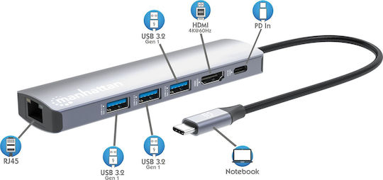 Manhattan USB-C Docking Station με HDMI 4K PD Ethernet Ασημί (153959)