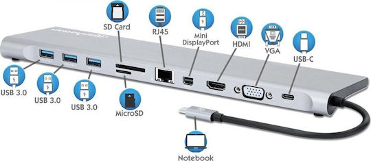 Manhattan USB-C Docking Station με HDMI/DisplayPort 4K PD Ethernet Ασημί (130578)