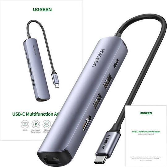 Ugreen CM418 USB-C Докинг станция с HDMI 4K PD Ethernet Сив