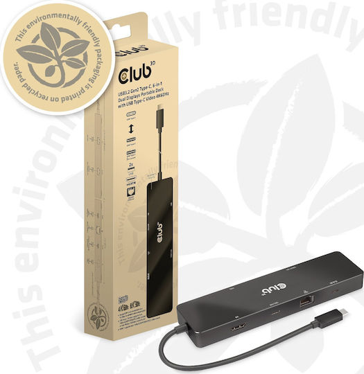 Club3D USB-C Stație de andocare cu HDMI 4K PD Ethernet și conexiune 2 monitoare Negru (CSV-1584)