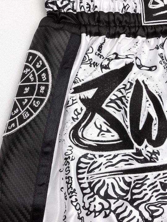 Σορτσάκι Muay Thai 8 Weapons Carbon Sak Yant Tigers White
