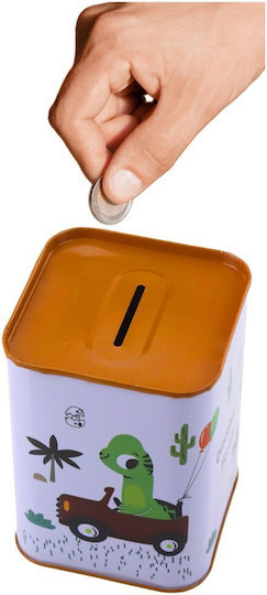 Dinosaur Piggy Bank In Car Learning To Save Metal White 11x8cm