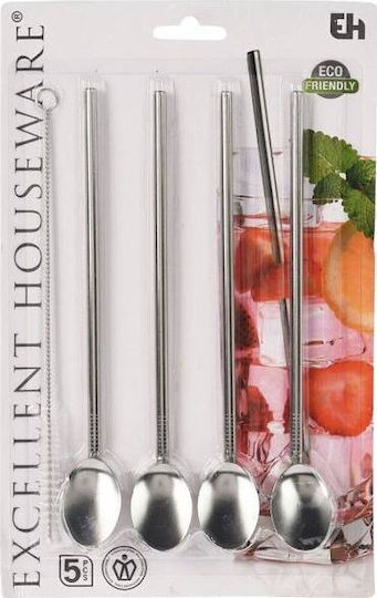 Excellent Houseware Metallische Strohhalme Getränke Dessertlöffel Trink Kaffee Latte Eiskaffee 2in1 + Reiniger 4 Stück Set Strohhalme Löffel