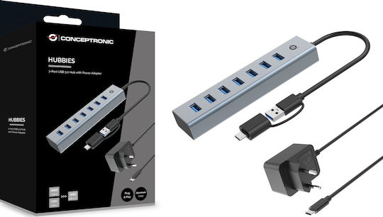 Conceptronic USB-Hub 7 Anschlüsse USB 3.0 mit Anschluss an einen Computer USB-A / USB-C Silber